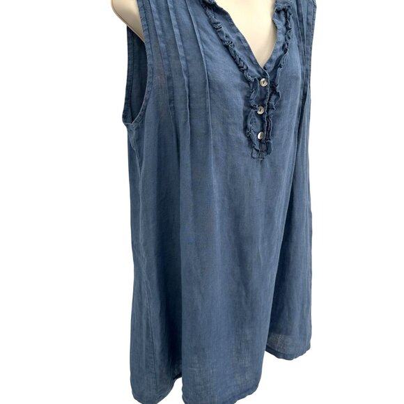 Alessia Pacini Womens Italy Made 100% Linen Blue Ruffle Neck Sleeveless Dress M - Picture 3 of 9